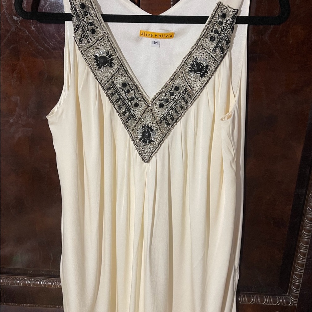 Alice + Olivia Cream colored silk dress with beaded V-neck
